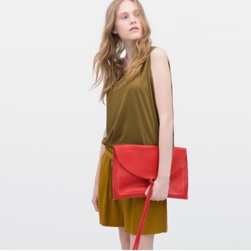 ZARA Red Leather Cotton Lined Envelope Clutch NWOT
